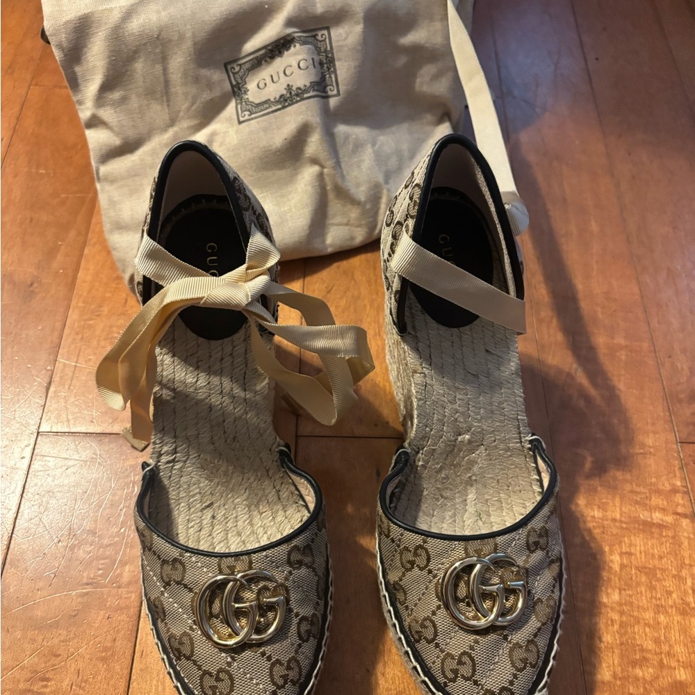 Gucci Tan Espadrilles with Jute Wedge Heel